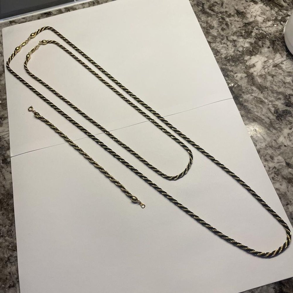 Signed Trifari Set Costume Jewelry 2 Necklaces & Bracelet Black Corded / Gold
